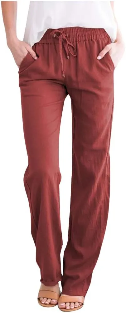 Drawstring Pants for Women Summer Cotton Linen Straight Leg Pants Comfy Loose Fit Work Trousers with Pockets