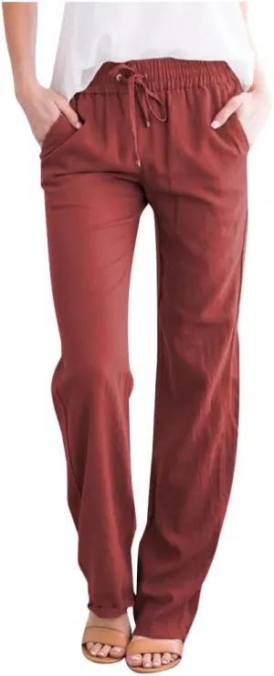 Drawstring Pants for Women Summer Cotton Linen Straight Leg Pants Comfy Loose Fit Work Trousers with Pockets