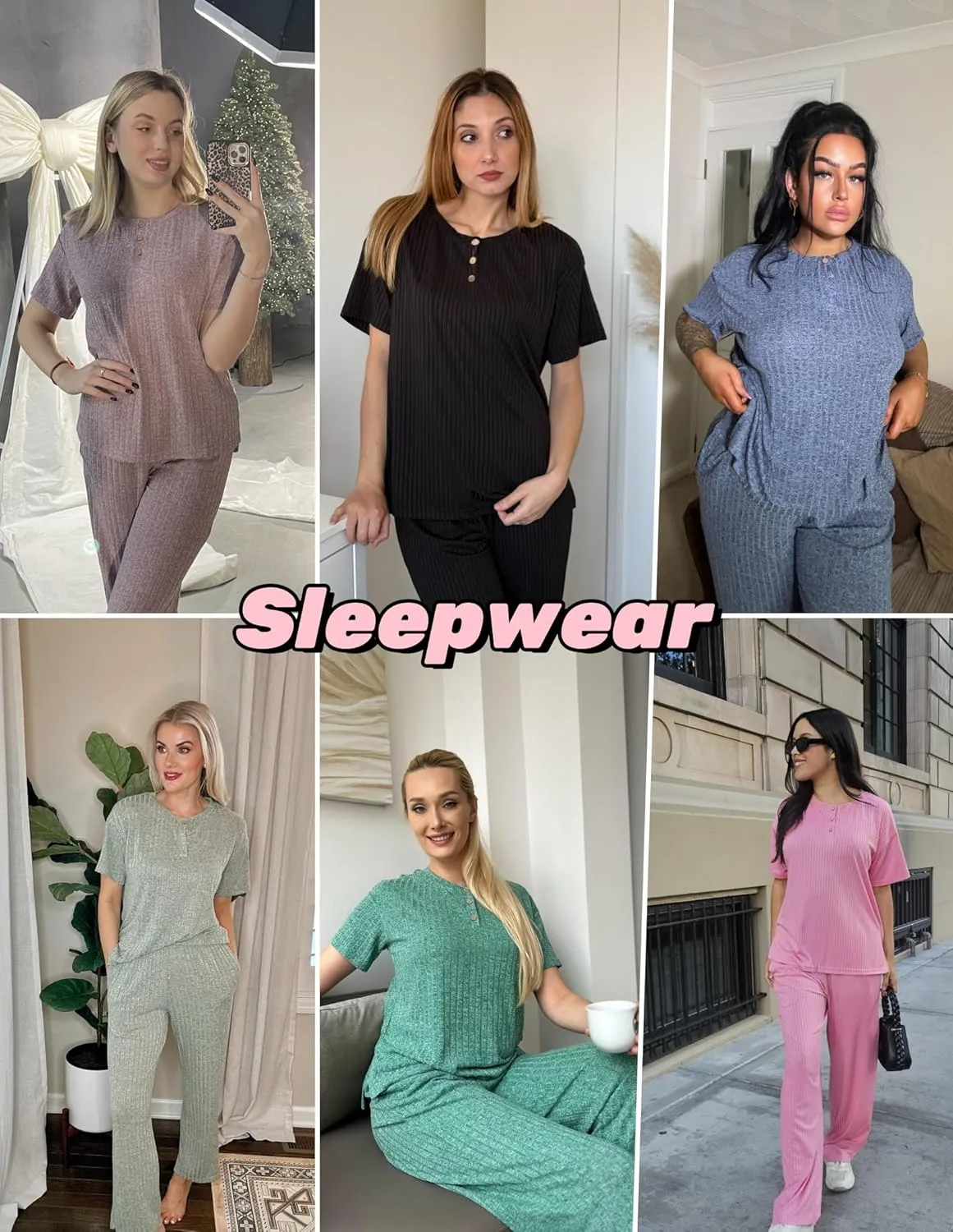 Ekouaer 2 Pack Womens Ribbed Knit Lounge Set Short Sleeve Loungewear Henly Neck Top and Pants Sleepwear Pajama with Pockets