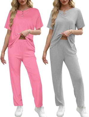 Ekouaer 2 Pack Womens Ribbed Knit Lounge Set Short Sleeve Loungewear Henly Neck Top and Pants Sleepwear Pajama with Pockets