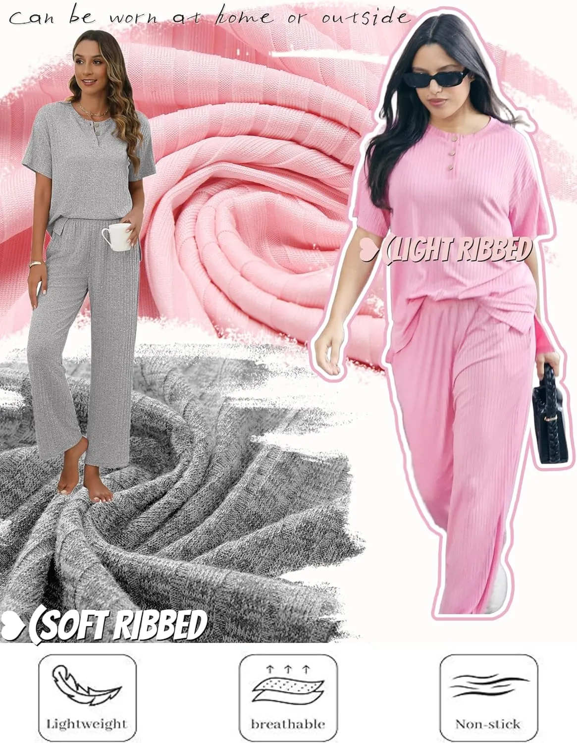 Ekouaer 2 Pack Womens Ribbed Knit Lounge Set Short Sleeve Loungewear Henly Neck Top and Pants Sleepwear Pajama with Pockets
