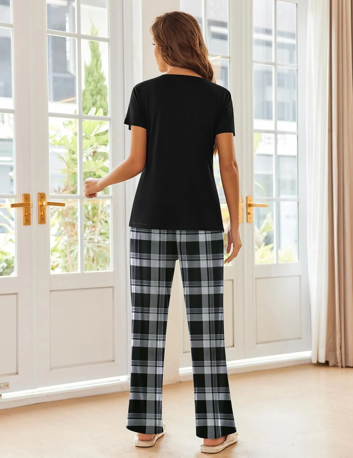 Ekouaer Pajama Sets For Women 2 Piece Short Sleeve Pj Sets With Long Printed Pants Sleepwear Casual Loose Lounge Sets