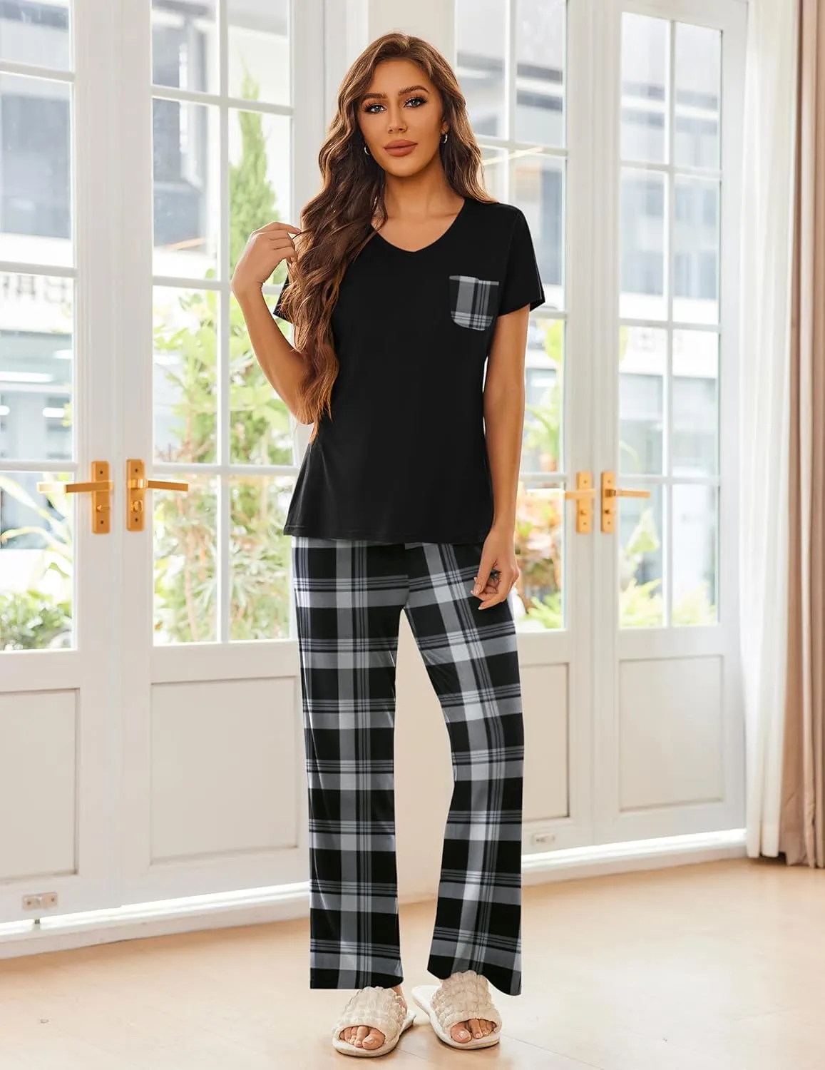 Ekouaer Pajama Sets For Women 2 Piece Short Sleeve Pj Sets With Long Printed Pants Sleepwear Casual Loose Lounge Sets