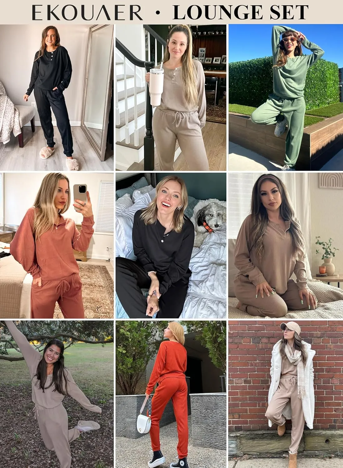 Ekouaer Pajamas Women's Waffle Knit Sleepwear Long Sleeve Top with Pants Casual Pjs Loungewear Set S-XXL