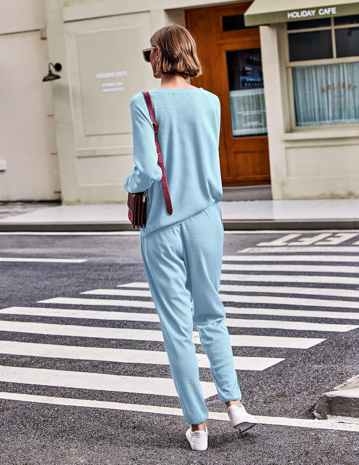 Ekouaer Pajamas Women's Waffle Knit Sleepwear Long Sleeve Top with Pants Casual Pjs Loungewear Set S-XXL