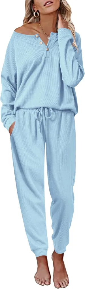 Ekouaer Pajamas Women's Waffle Knit Sleepwear Long Sleeve Top with Pants Casual Pjs Loungewear Set S-XXL