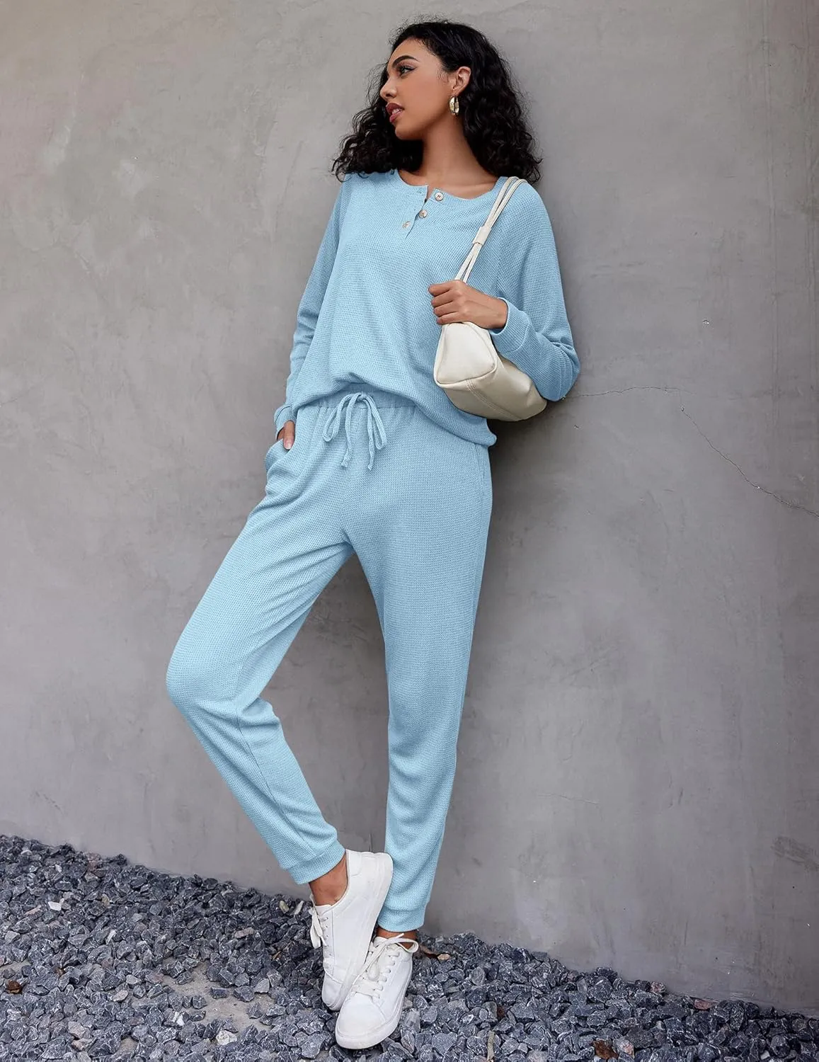 Ekouaer Pajamas Women's Waffle Knit Sleepwear Long Sleeve Top with Pants Casual Pjs Loungewear Set S-XXL