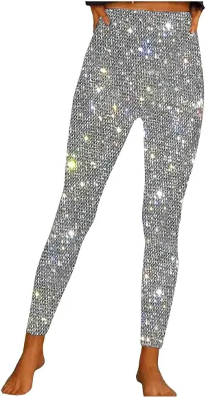 Firzero Black Leggings Women Dressy Sequin Bling Legging Joggers Elastic High Waist Pencil Pants Sparkly Skinny Trousers