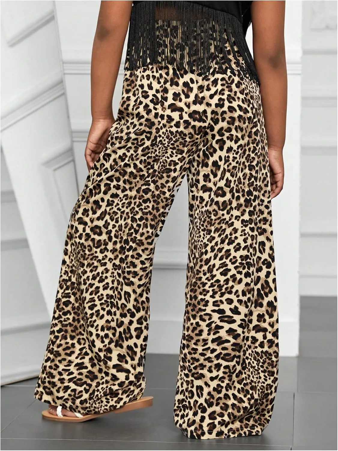 Floerns Girl's Elastic Waist Leopard Print Track Pants Straight Leg Street Pants