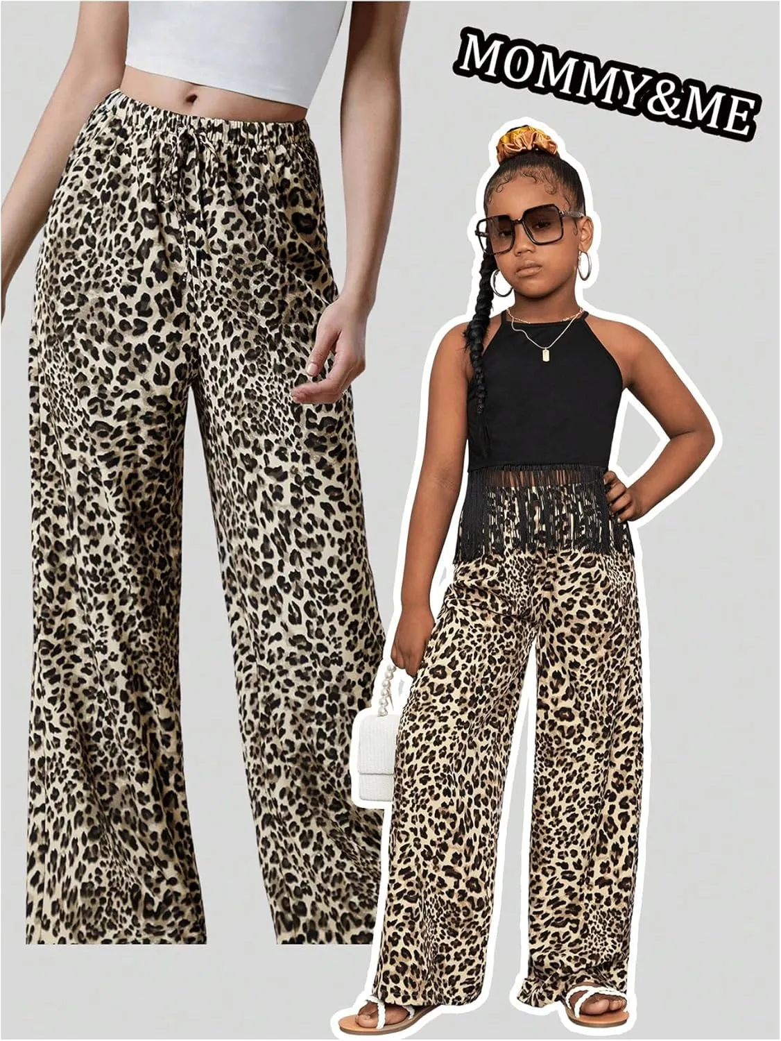 Floerns Girl's Elastic Waist Leopard Print Track Pants Straight Leg Street Pants