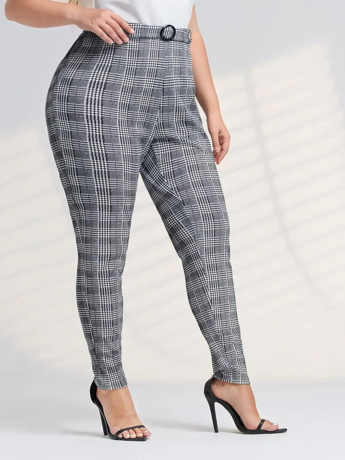 Floerns Women's Plus Size Plaid Pants Leggings Stretchy Elastic Waist Work Skinny Pants