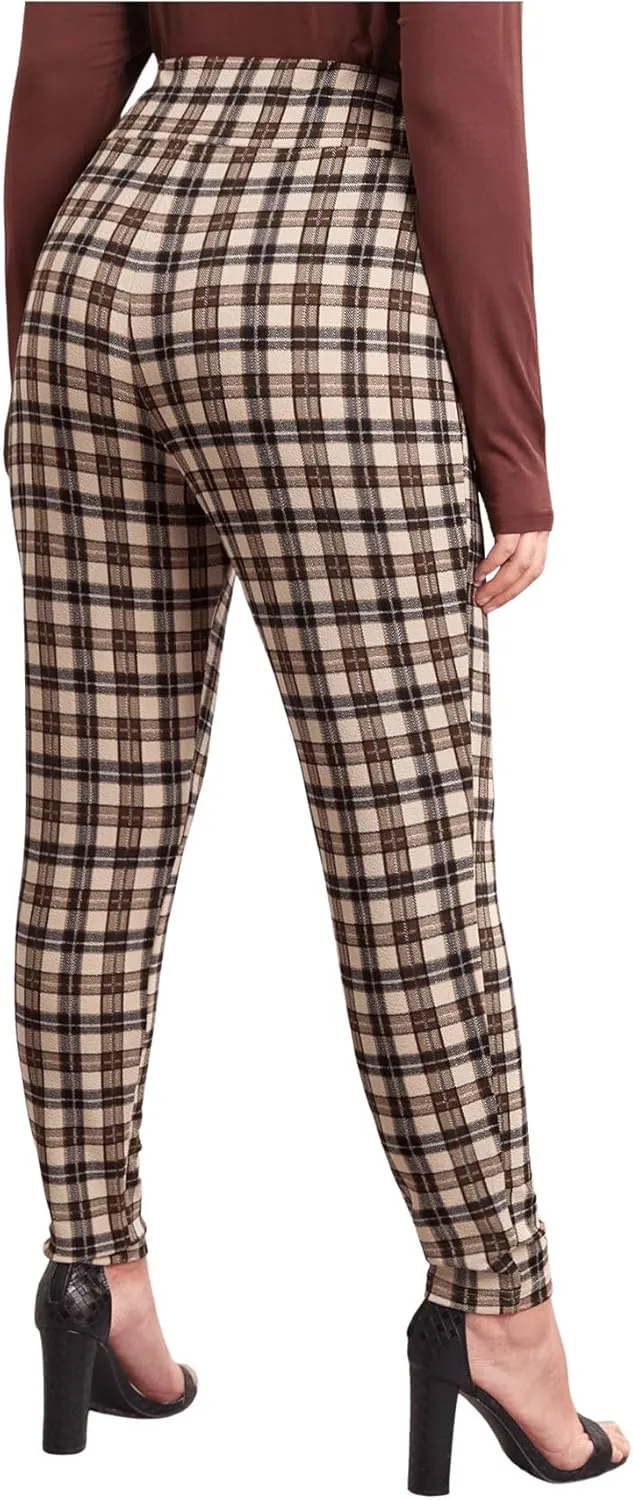 Floerns Women's Plus Size Plaid Pants Leggings Stretchy Elastic Waist Work Skinny Pants