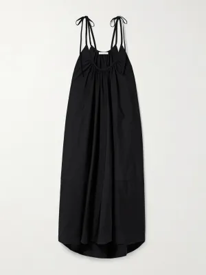 Gathered tie-detailed cotton-poplin maxi dress