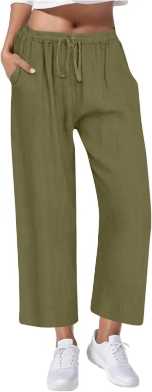 Gcvizuso Linen Pants Women Summer Casual Loose Drawstring Pants Wide Leg High Waist Trousers Boho Lounge Beach Pant
