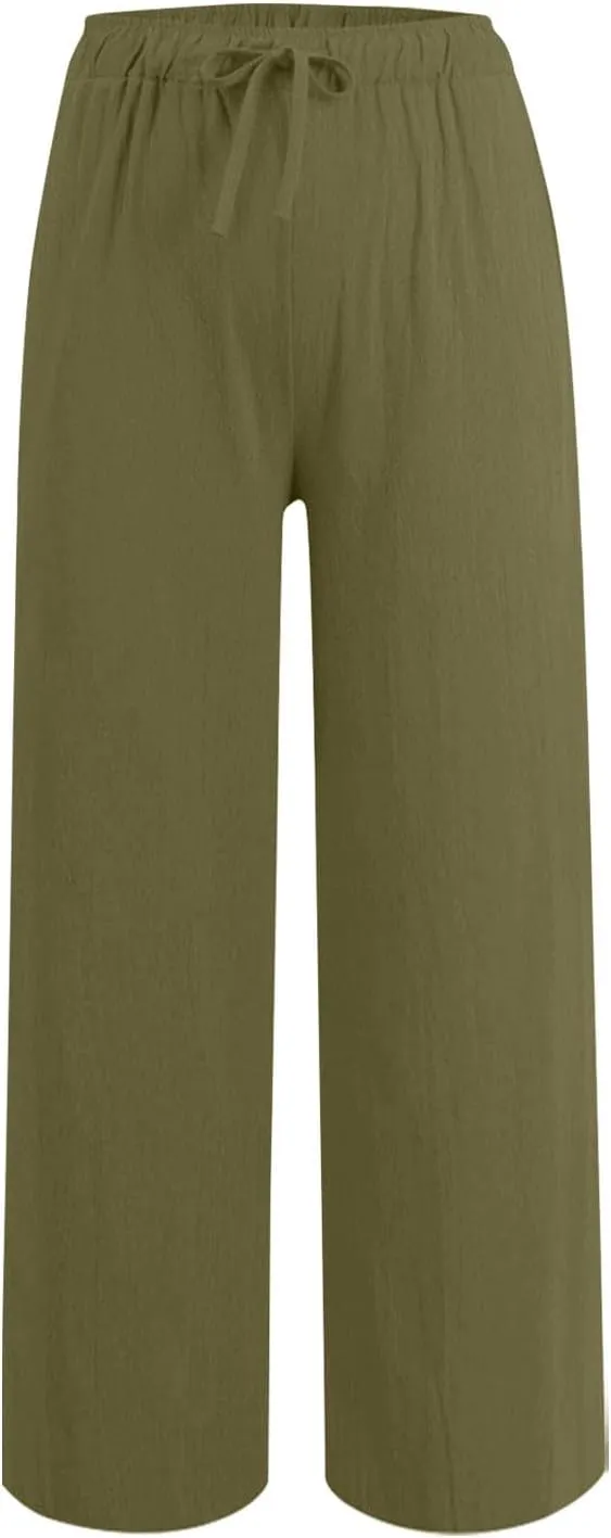 Gcvizuso Linen Pants Women Summer Casual Loose Drawstring Pants Wide Leg High Waist Trousers Boho Lounge Beach Pant