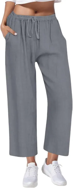 Gcvizuso Linen Pants Women Summer Casual Loose Drawstring Pants Wide Leg High Waist Trousers Boho Lounge Beach Pant