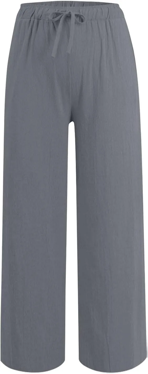 Gcvizuso Linen Pants Women Summer Casual Loose Drawstring Pants Wide Leg High Waist Trousers Boho Lounge Beach Pant