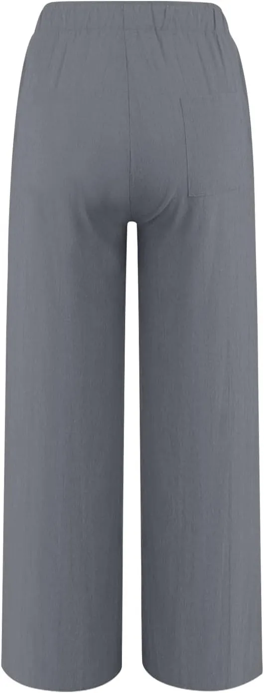 Gcvizuso Linen Pants Women Summer Casual Loose Drawstring Pants Wide Leg High Waist Trousers Boho Lounge Beach Pant