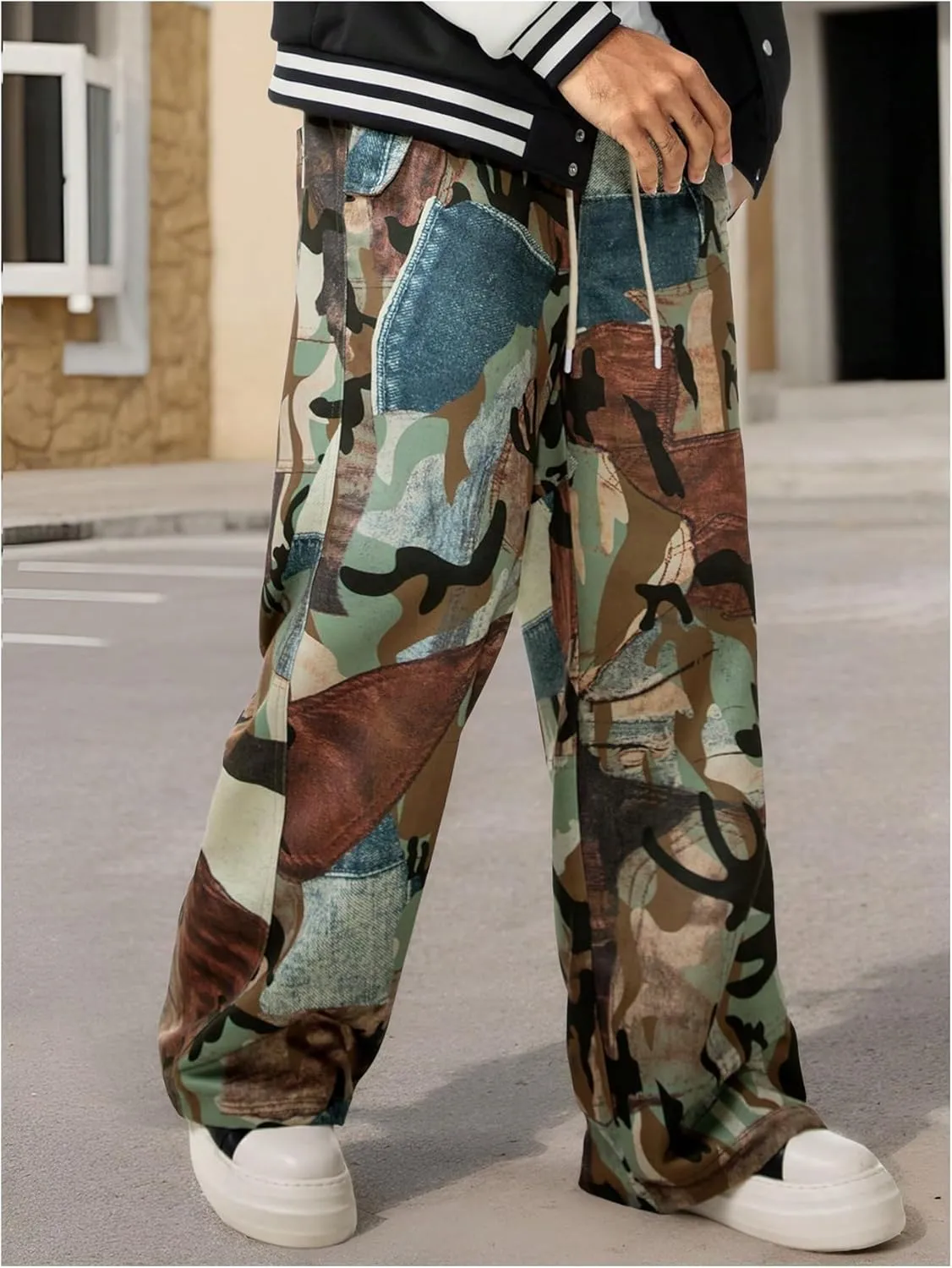 GORGLITTER Men's Camo Baggy Track Pants Drawstring Waist Wide Leg Trousers with Pockets