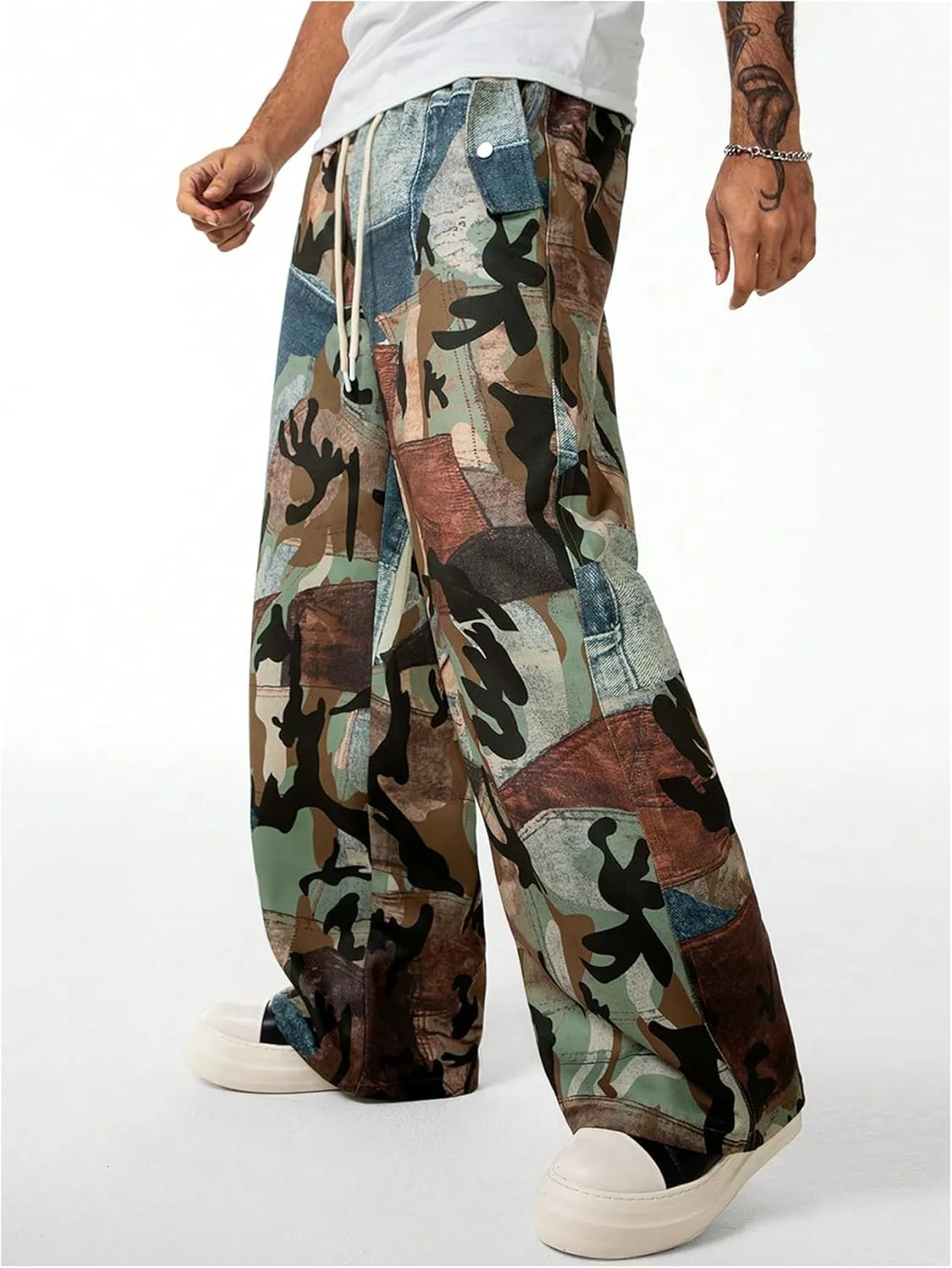GORGLITTER Men's Camo Baggy Track Pants Drawstring Waist Wide Leg Trousers with Pockets