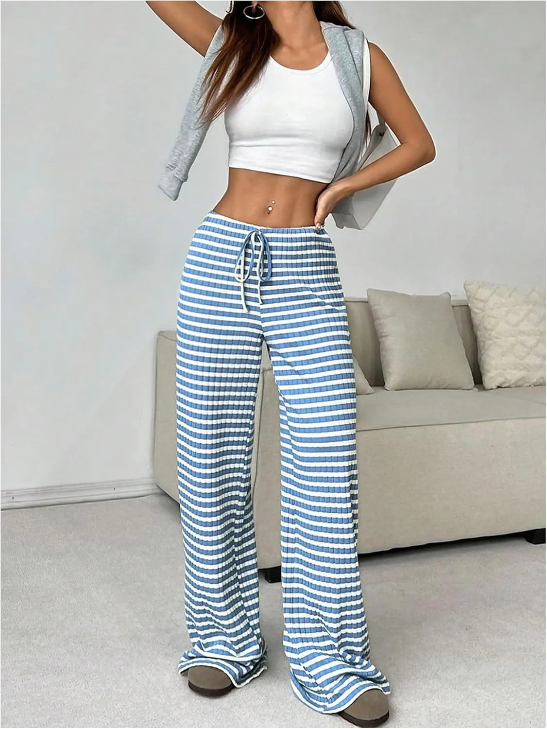 GORGLITTER Women's Bow Tie Stacked Baggy Sweatpants Striped Wide Leg Lounge Pants Comfy Pajama Pants