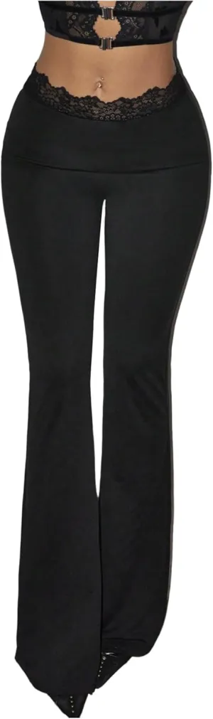 GORGLITTER Women's Leopard Print Flare Pants Skinny Pants Lace Trim High Waist Trousers