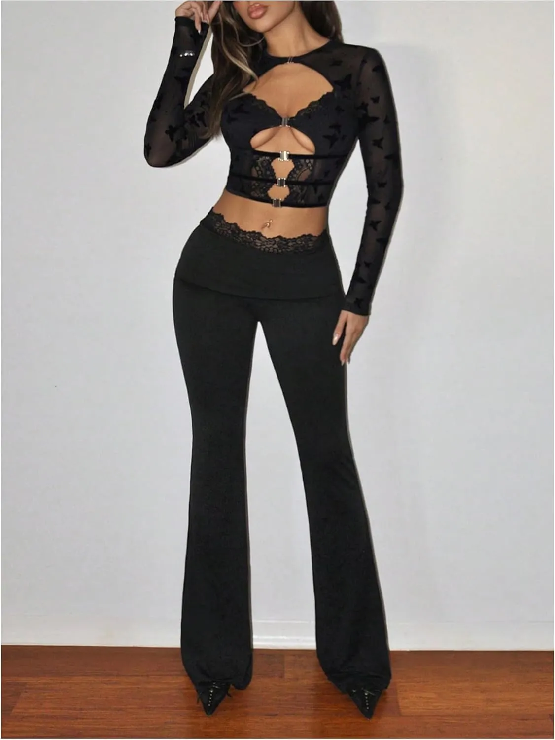GORGLITTER Women's Leopard Print Flare Pants Skinny Pants Lace Trim High Waist Trousers