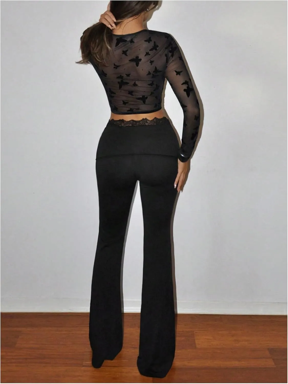 GORGLITTER Women's Leopard Print Flare Pants Skinny Pants Lace Trim High Waist Trousers