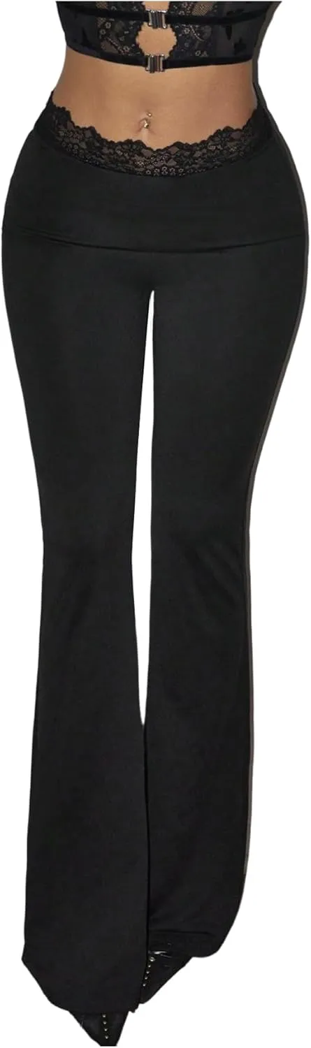 GORGLITTER Women's Leopard Print Flare Pants Skinny Pants Lace Trim High Waist Trousers