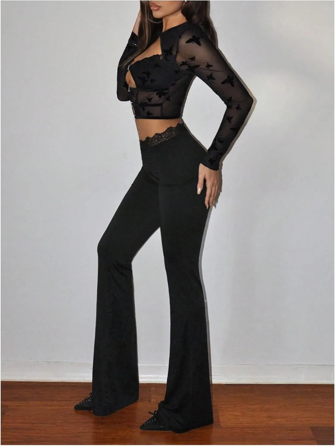 GORGLITTER Women's Leopard Print Flare Pants Skinny Pants Lace Trim High Waist Trousers