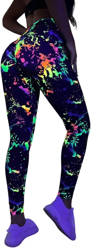 GORGLITTER Women's Neon Reflective Legging High Waisted Y2K Rave Festival Skinny Pants
