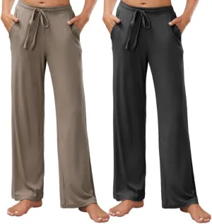 HEARTNICE 2 Pack Women's Pajamas Pants with Pockets Wide Leg Lounge Casual Loose Comfy Stretch Rib Yoga Sweatpants