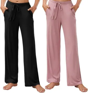 HEARTNICE 2 Pack Women's Pajamas Pants with Pockets Wide Leg Lounge Casual Loose Comfy Stretch Rib Yoga Sweatpants