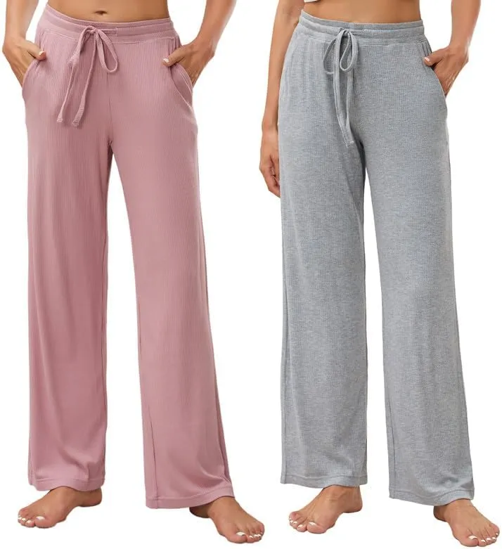 HEARTNICE 2 Pack Women's Pajamas Pants with Pockets Wide Leg Lounge Casual Loose Comfy Stretch Rib Yoga Sweatpants