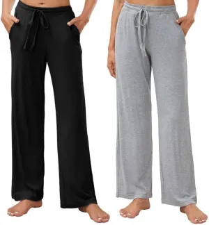 HEARTNICE 2 Pack Women's Pajamas Pants with Pockets Wide Leg Lounge Casual Loose Comfy Stretch Rib Yoga Sweatpants