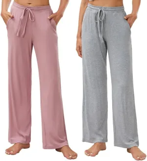 HEARTNICE 2 Pack Women's Pajamas Pants with Pockets Wide Leg Lounge Casual Loose Comfy Stretch Rib Yoga Sweatpants