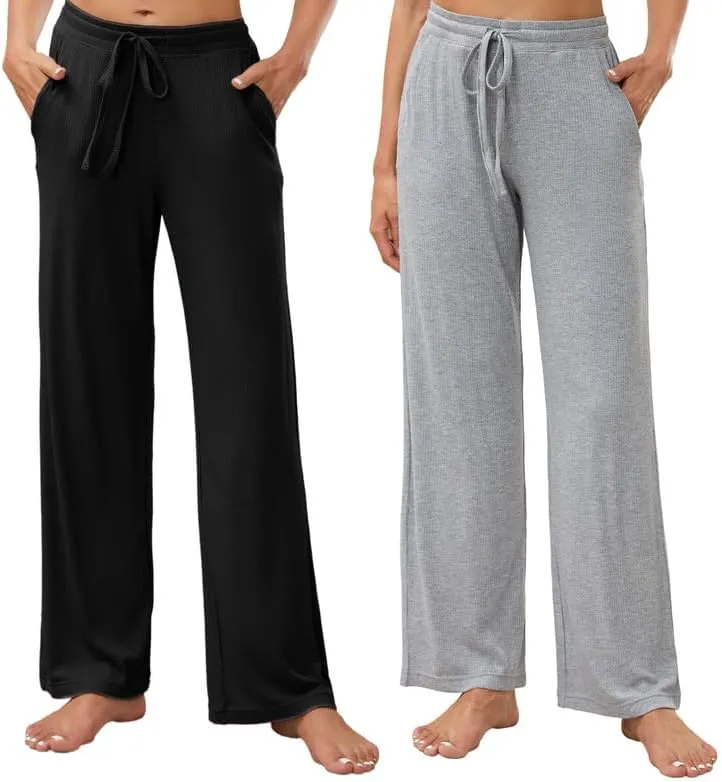 HEARTNICE 2 Pack Women's Pajamas Pants with Pockets Wide Leg Lounge Casual Loose Comfy Stretch Rib Yoga Sweatpants