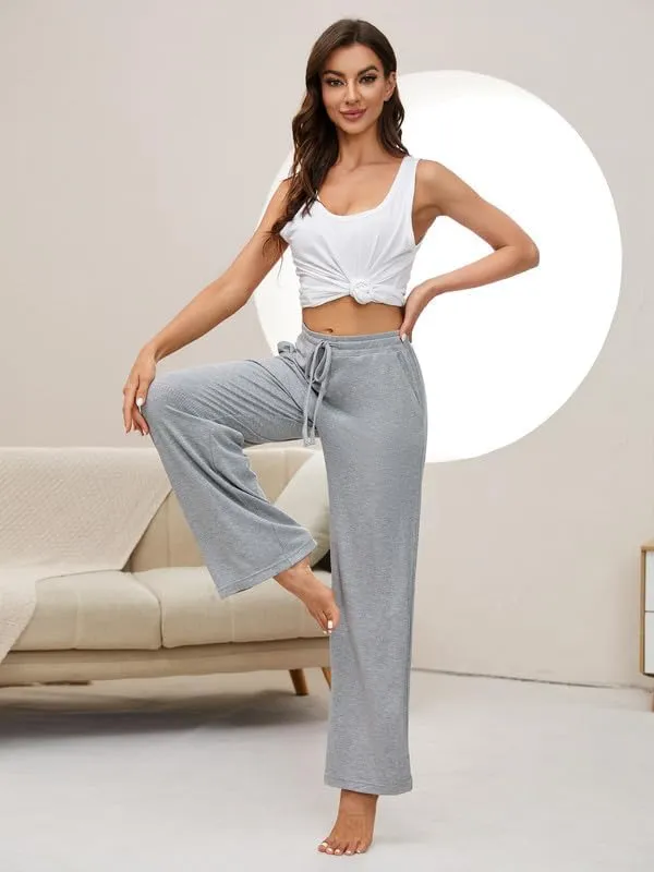 HEARTNICE 2 Pack Women's Pajamas Pants with Pockets Wide Leg Lounge Casual Loose Comfy Stretch Rib Yoga Sweatpants