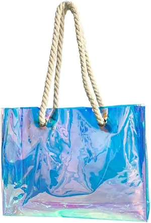Holographic magic color laser PVC handbag hemp rope shopping bag for travel and shopping 15.75"x3.94"x11.81