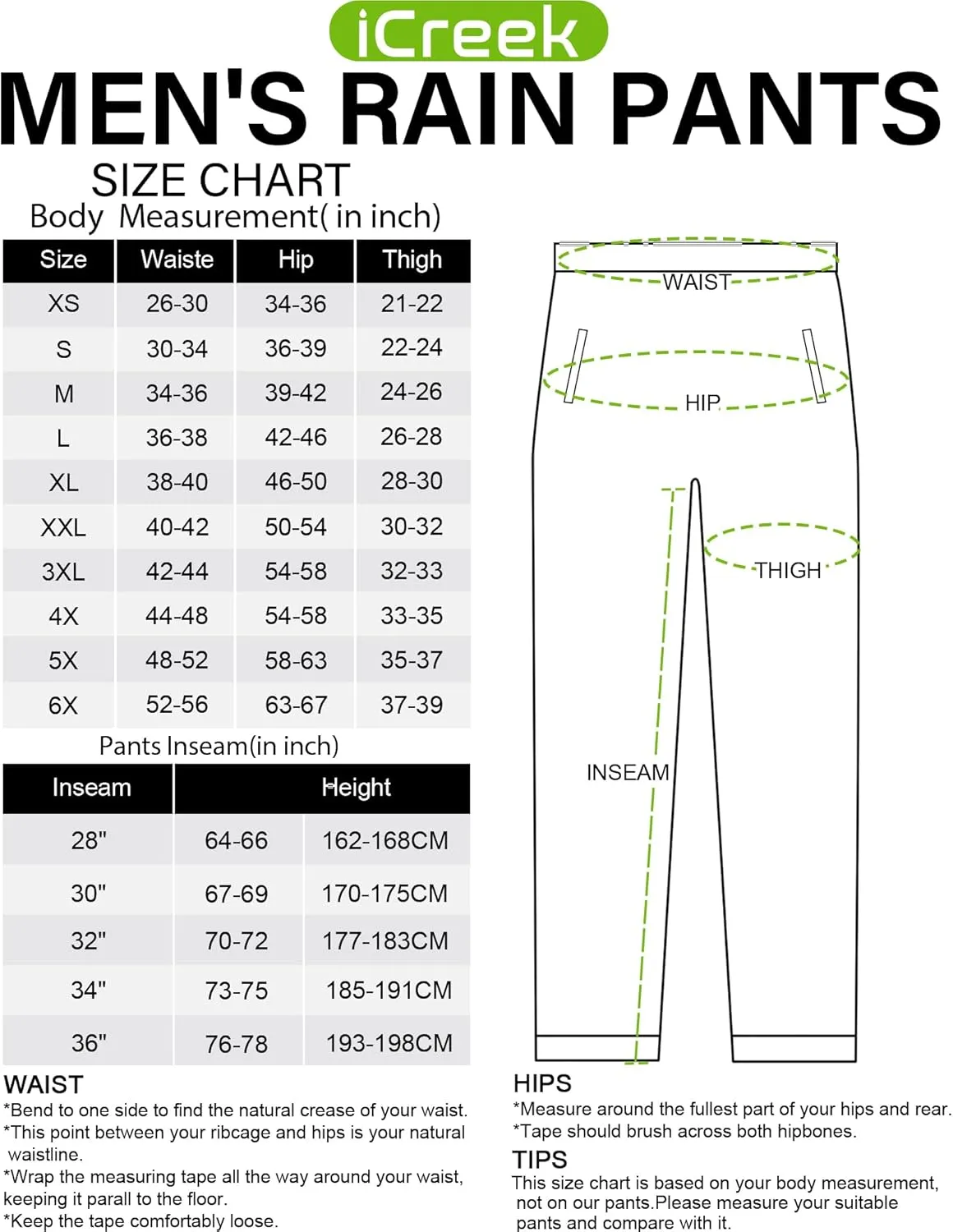 iCreek Men's Rain Pants Waterproof Over Pants Windproof Lightweight Hiking Pants Work Rain Outdoor for Golf, Fishing