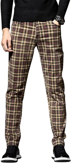 IDEALSANXUN Mens Plaid Dress Pants Chino Stright Leg Slim Fit Skinny Pants