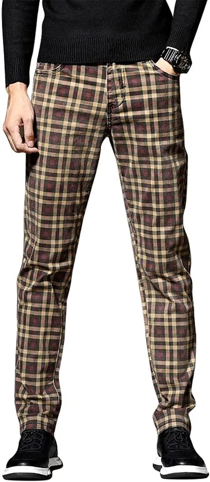 IDEALSANXUN Mens Plaid Dress Pants Chino Stright Leg Slim Fit Skinny Pants