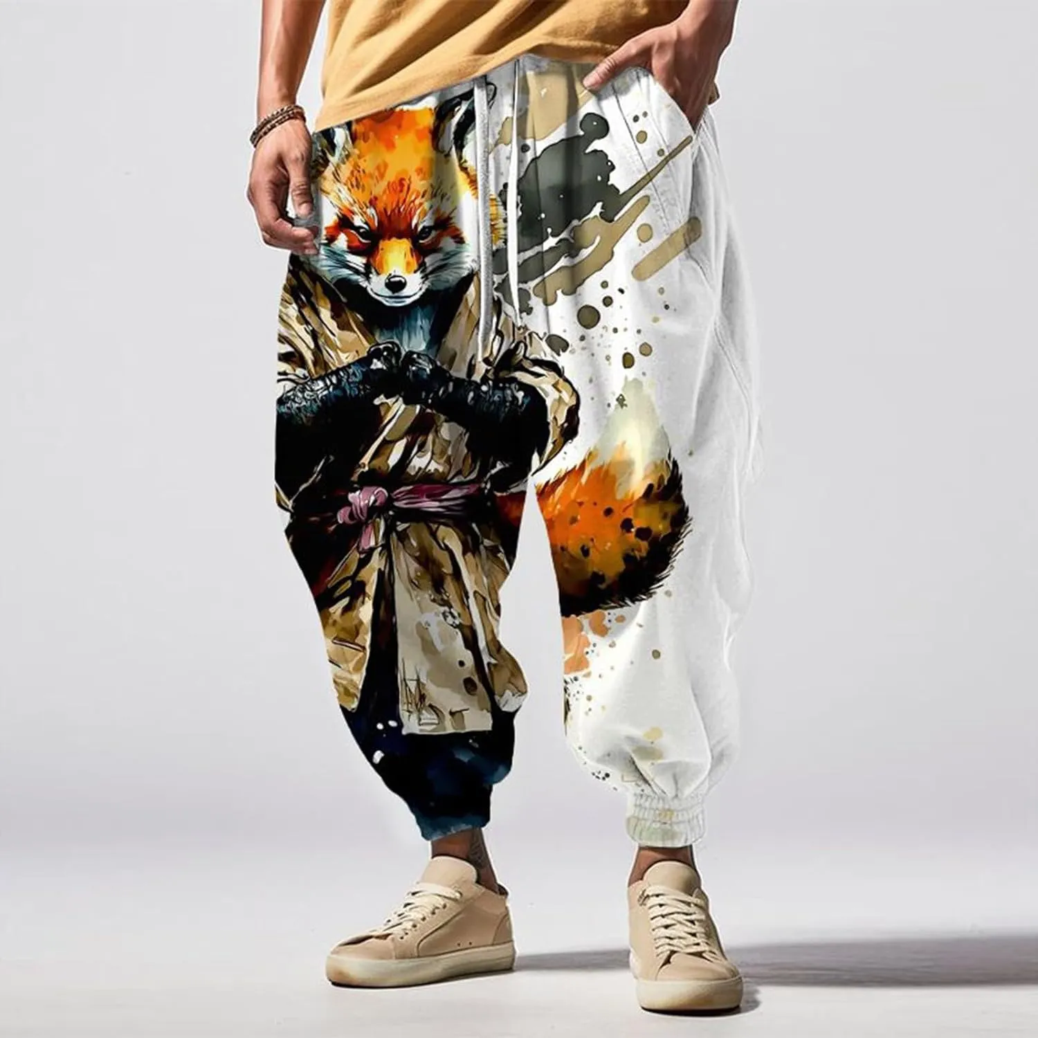 Japanese Pants Men Casual Baggy Anime Print Joggers Sweatpants Elastic Drawstring Tapered Boho Hippie Harem Pants