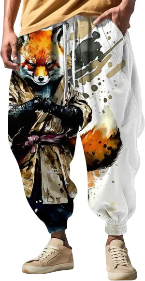 Japanese Pants Men Casual Baggy Anime Print Joggers Sweatpants Elastic Drawstring Tapered Boho Hippie Harem Pants