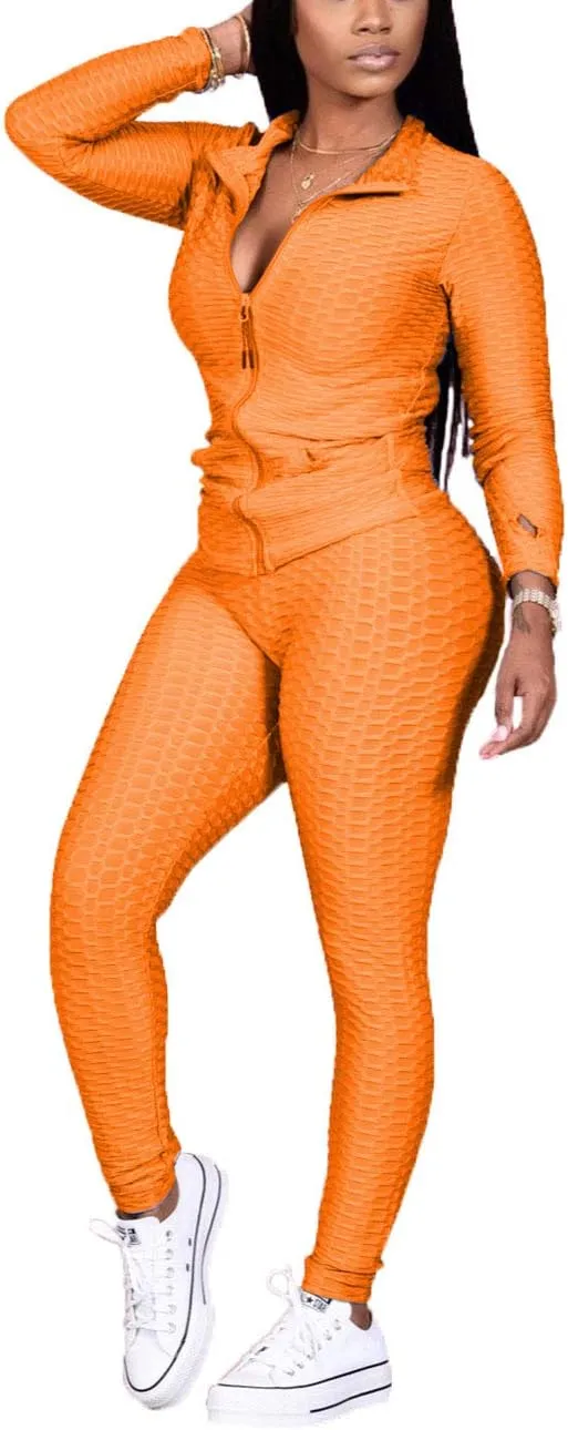 Jogging Suits for Women, Textured 2 Piece Outfit Long Sleeve Full Zip Jacket Skinny Pants Tracksuit Set