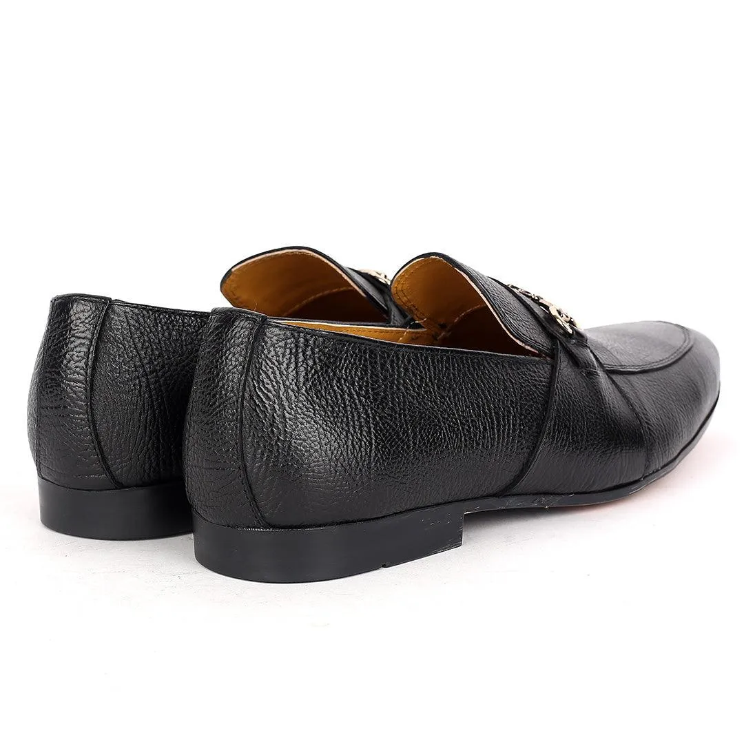 John Foster Exquisite Black Leather Patterned Designed Shoe With Gold Logo Design