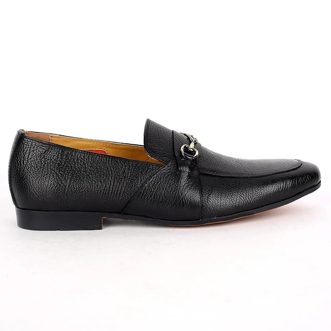 John Foster Exquisite Black Leather Patterned Designed Shoe With Gold Logo Design