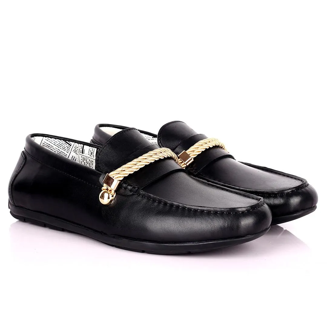 John Galliano Exquisite Gold Double Roped Designed Leather Shoe - Black