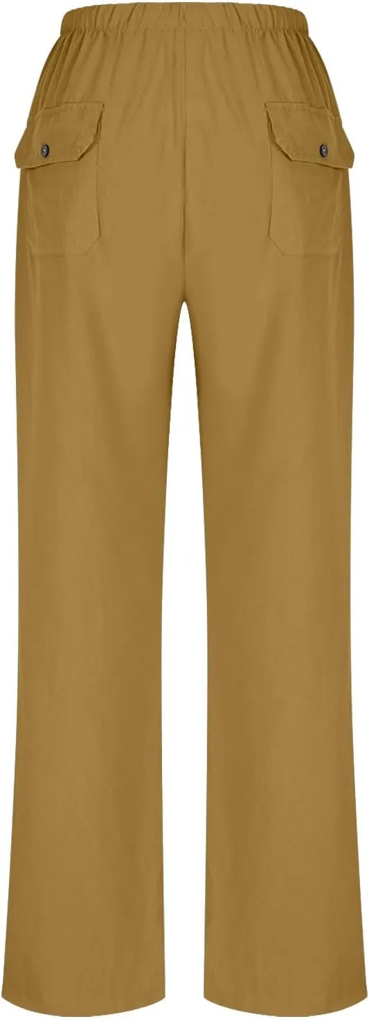 jsaierl Linen Wide Leg Pants for Women Palazzo Pants Summer Flowy Casual Trousers Loose Fit Drawstring Pants with Big Pockets