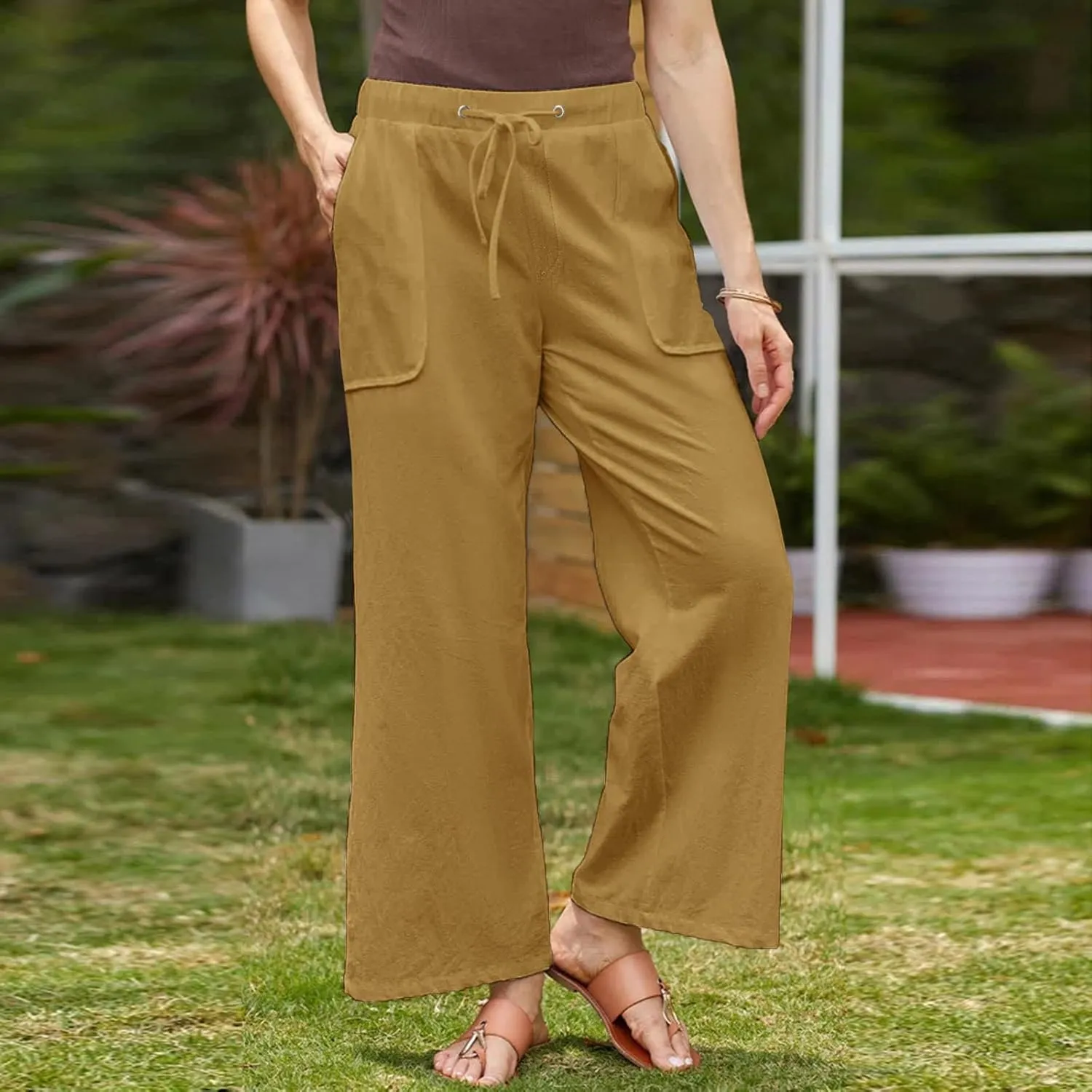 jsaierl Linen Wide Leg Pants for Women Palazzo Pants Summer Flowy Casual Trousers Loose Fit Drawstring Pants with Big Pockets